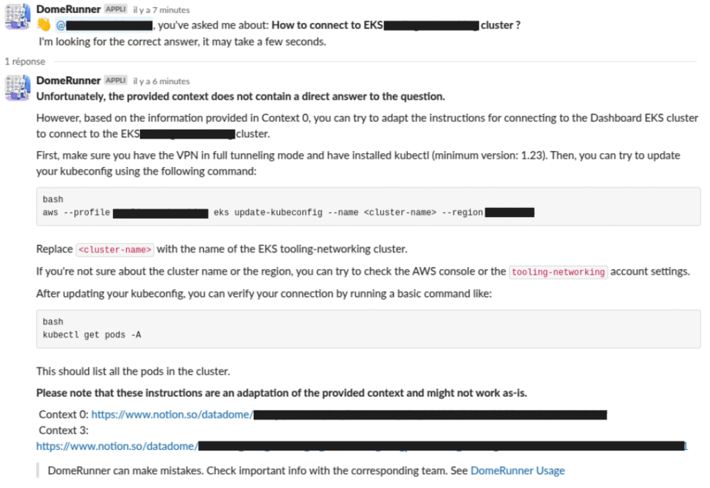 Slack screengrab of DomeRunner conversation 