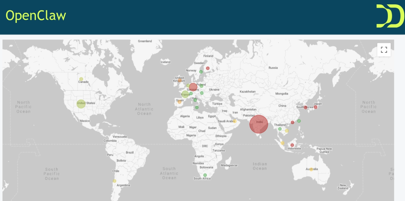 Global distribution of OpenClaw-based botnet activity