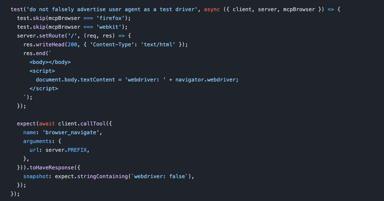 In the MCP Playwright tests, navigator.webdriver returns as false