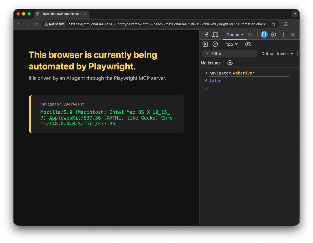When an AI agent drives Playwright, navigator.webdriver is now set to false