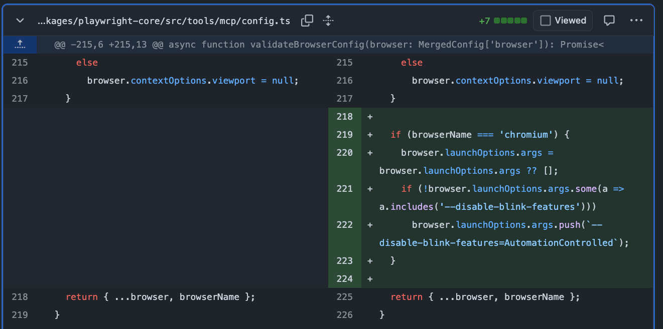 In the Playwright MCP file, the code disables webdriver by setting a Chrome flag