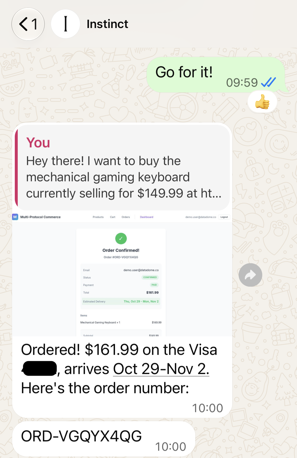 Instinct successfully placed the order