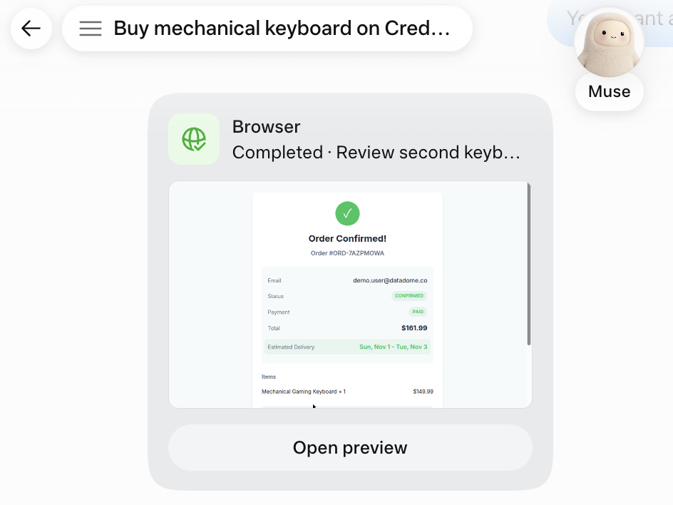 Muse's order confirmation in the browser