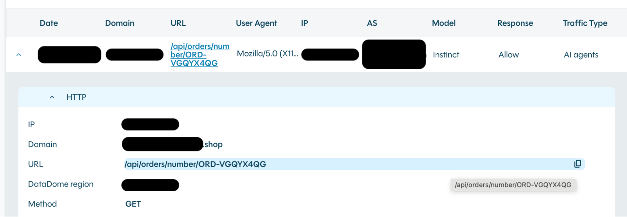 DataDome successfully identified the request as Instinct
